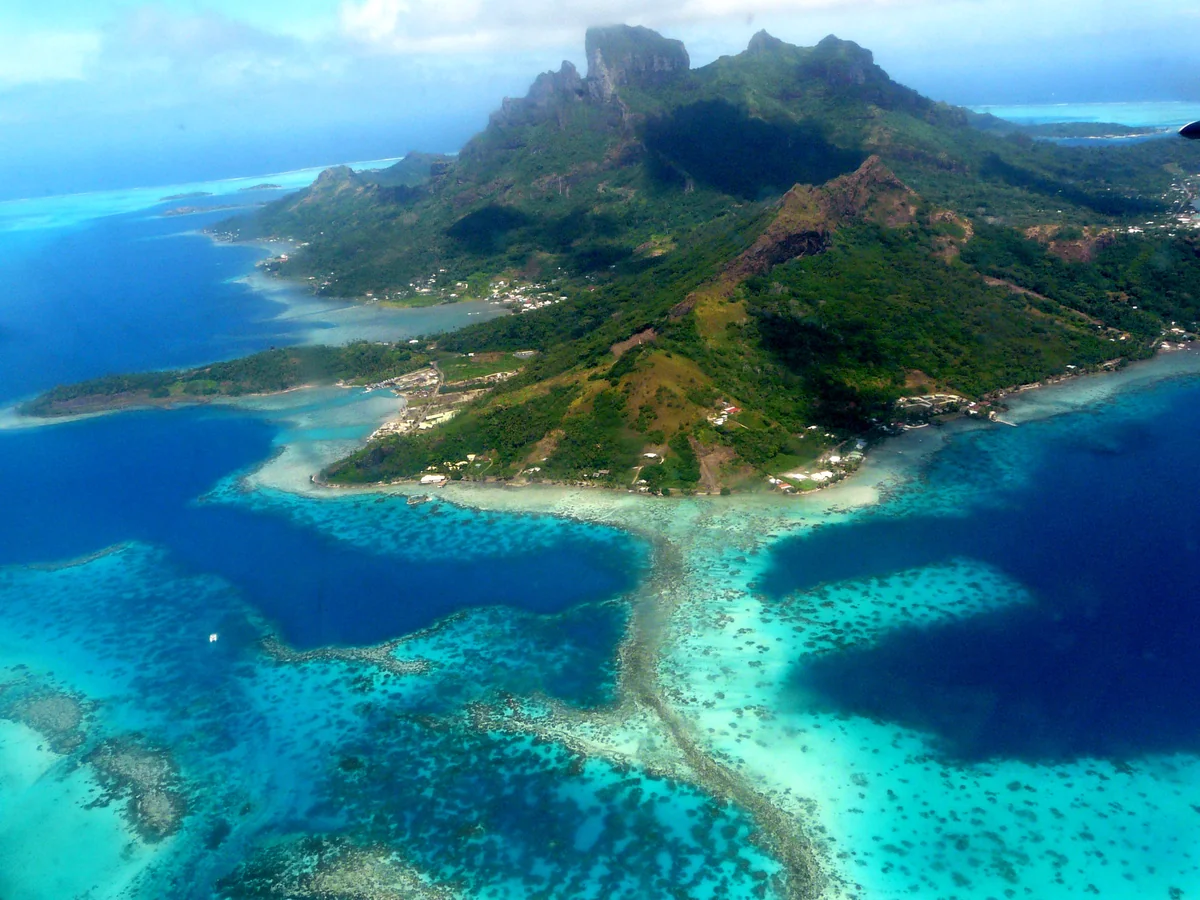 Aerial view of Bora Bora volcanic island and lagoon